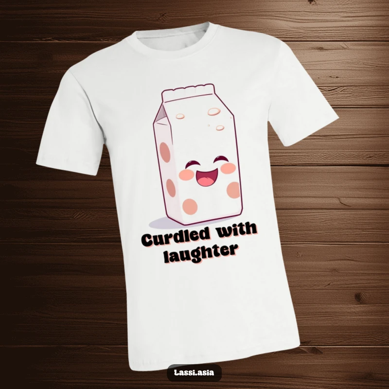Funny laughing milk carton with bubbly aura, leaning forward as if telling a joke on a t-shirt.