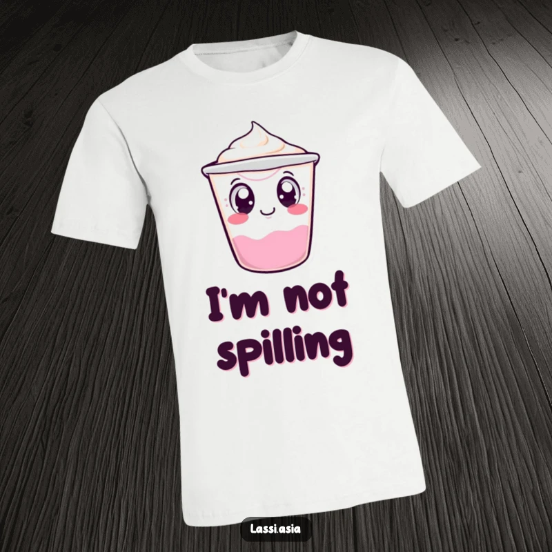 Funny wobbling yogurt cup character with curious eyes, tipping over slightly printed on a t-shirt, capturing playful clumsiness.