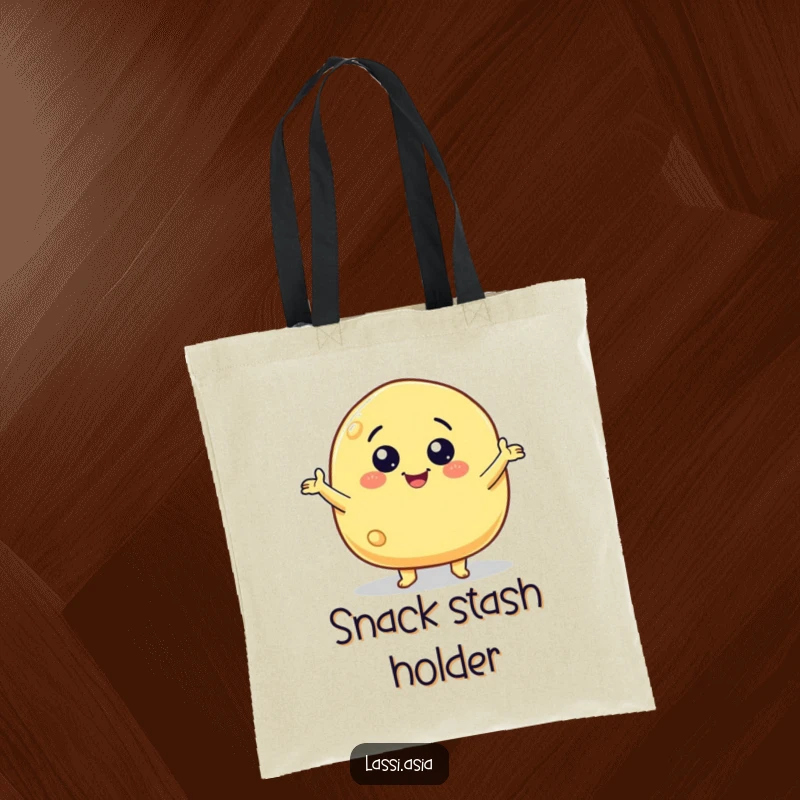 Funny smiling cheese puff character with little arms gesturing wildly on a tote bag, perfect for shopping.