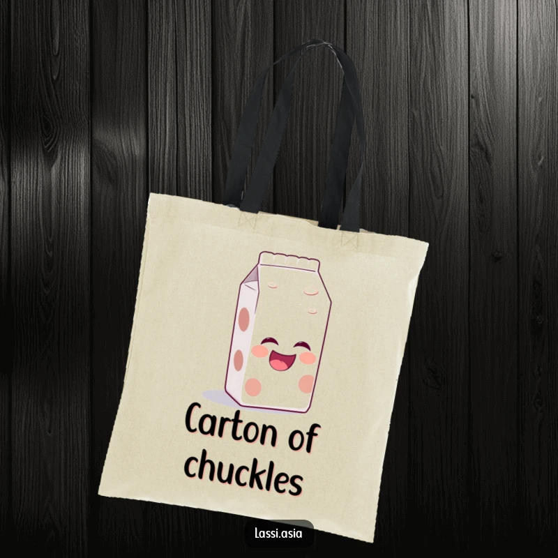 Funny laughing milk carton with bubbly aura, leaning forward as if telling a joke on a tote bag.