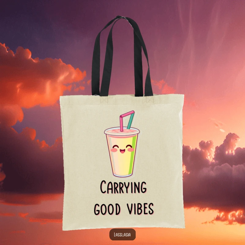 Funny smiling smoothie cup with straw, happily spinning with vibrant colors on a tote bag, great for shopping.