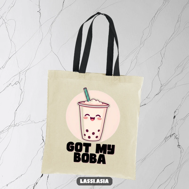 Funny cheerful cup of boba tea with a straw wiggling joyfully on a tote bag, perfect for carrying.