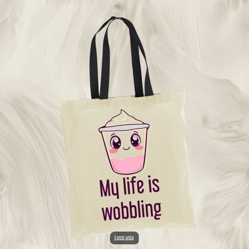 Funny wobbling yogurt cup character with curious eyes, tipping over slightly on a tote bag, perfect for carrying items in style.